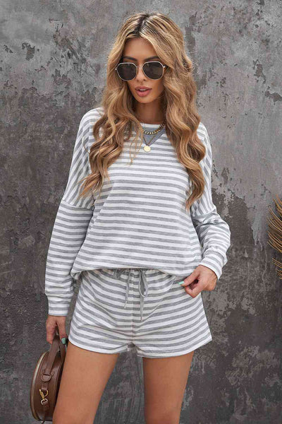 Striped Dropped Shoulder Top and Shorts Lounge Set