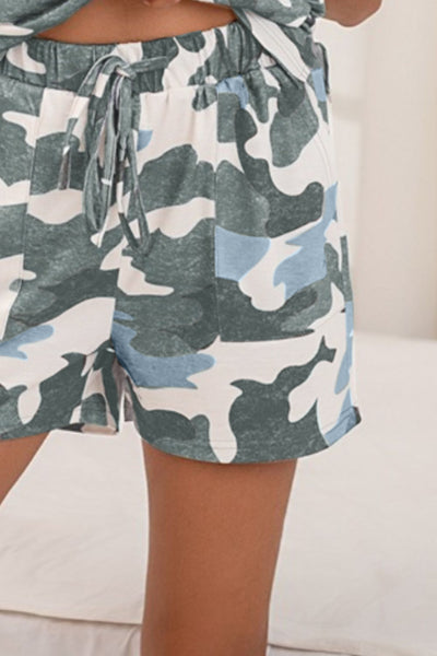 Camouflage V-Neck Top and Drawstring Shorts Lounge Set