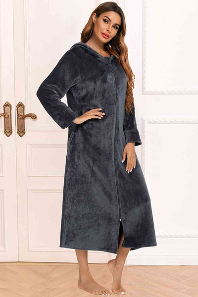 Zip Front Hooded Night Dress with Pockets