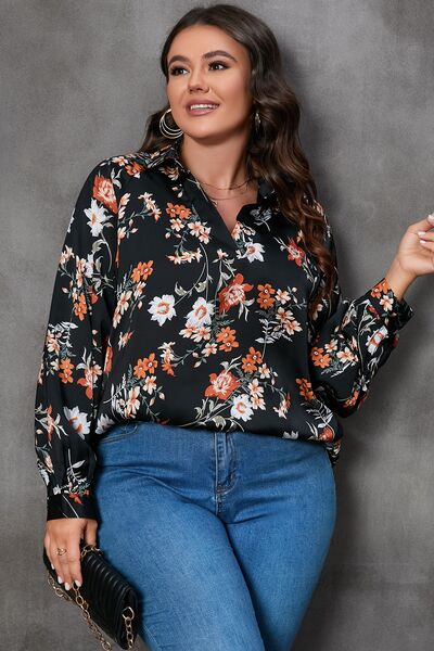 Plus Size Printed Johnny Collar Long Sleeve Blouse