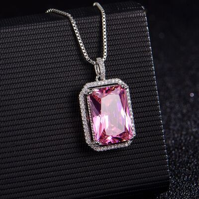 Silver-Plated Zircon Rectangle Pendant Necklace